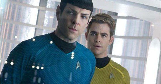 Actor Zachary Quinto as Spock and Chris Pine as Captain Kirk in the movie Star Trek Into Darkness